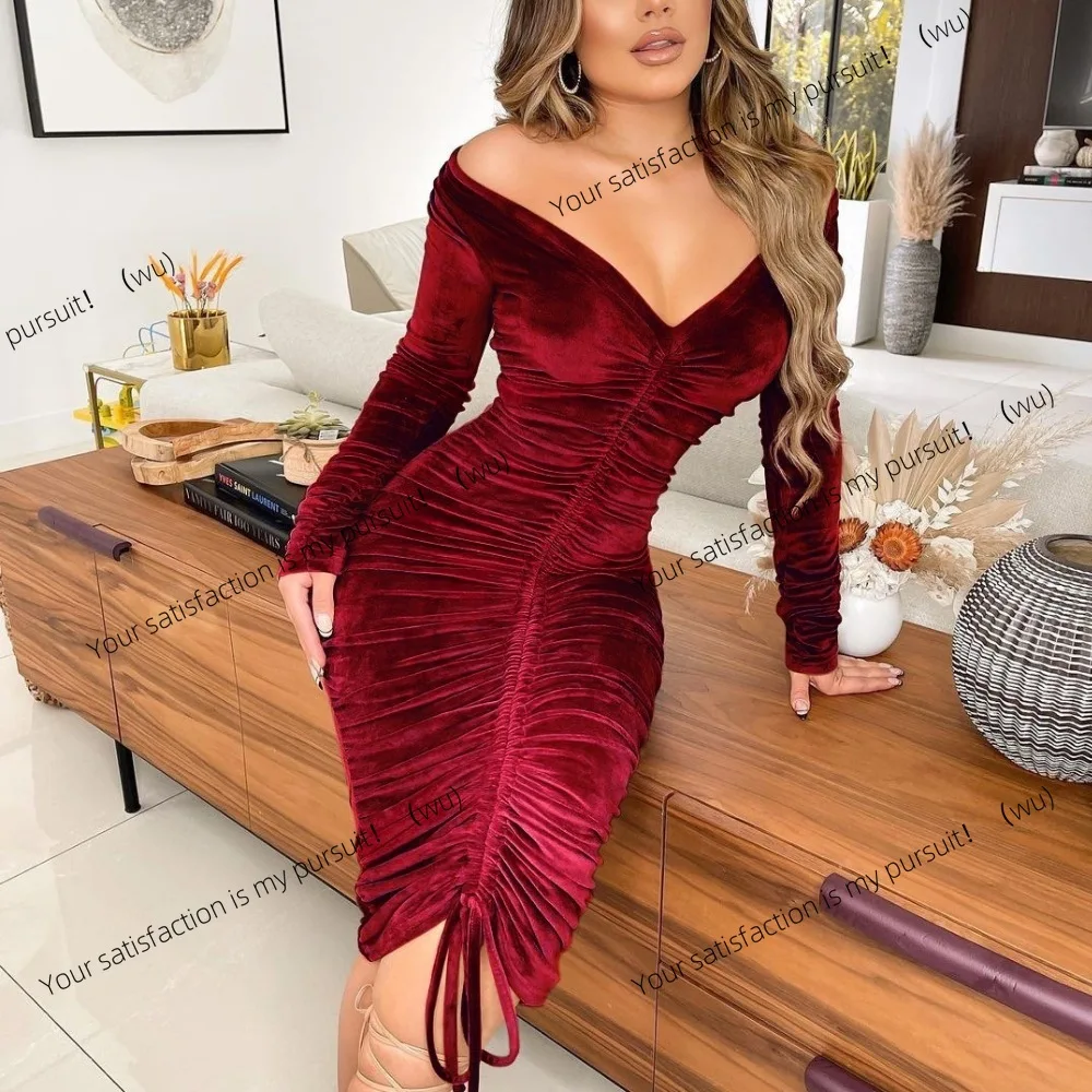 

ZOCI-TTDD002 осенне-зимняя женская одежда, плиссированное сексуальное женское платье среднего и длинного размера с v-образным вырезом на плечах