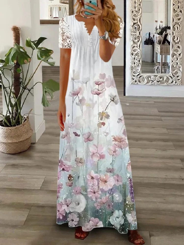 2024 Spring/Summer New Long Dress Elegant Bubble Sleeve Lace A-line Dresses Casual Printed Holiday Women\'s Pullover Vestidos