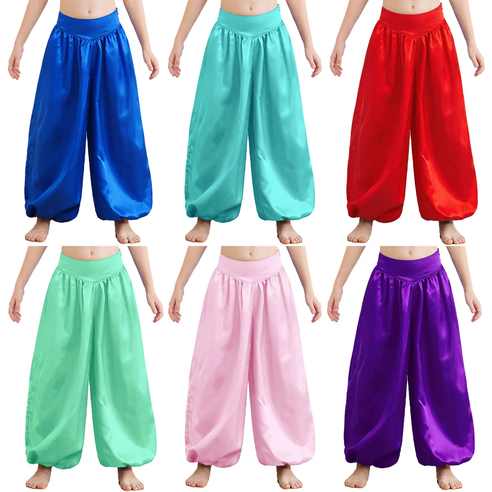 Kids Girls Belly Dance Performance Harem Pants Wide-Leg Satin Bloomers Trousers for Arabic Halloween Carnival Event Theme Party