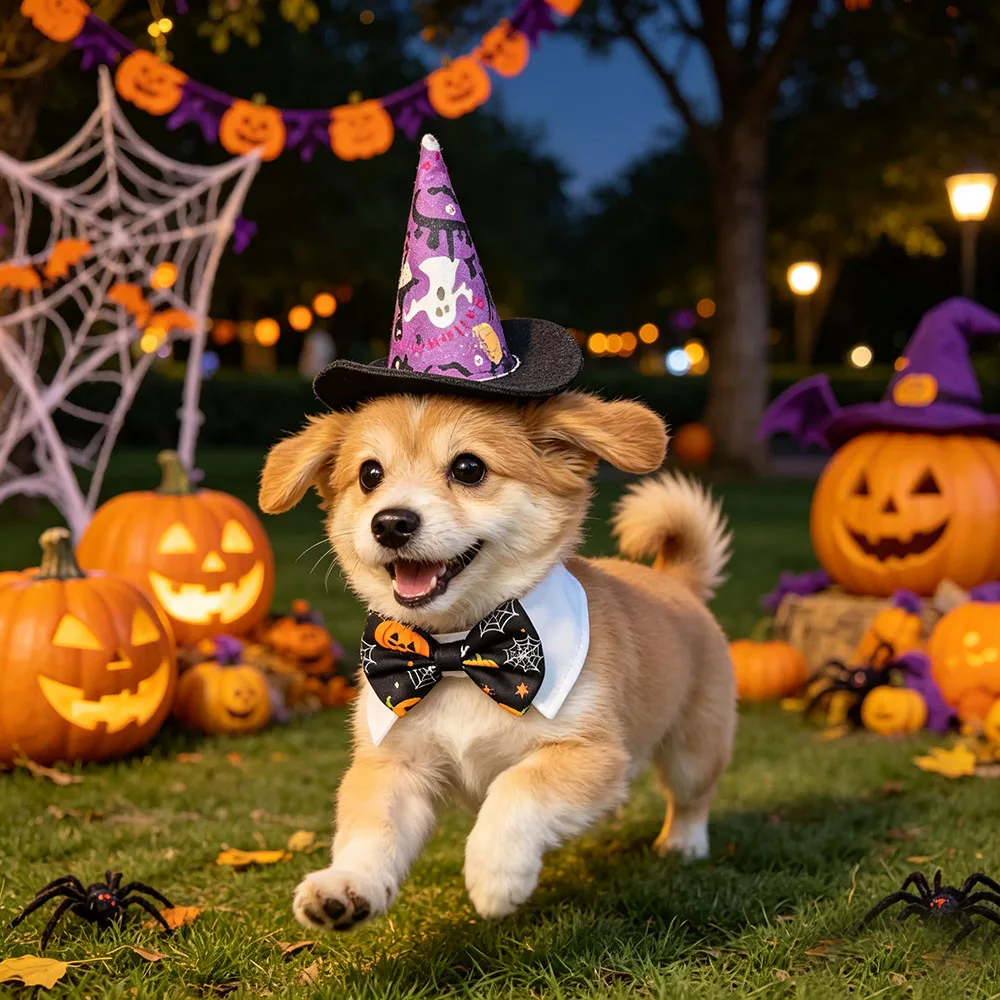 2 pcs Halloween Pet Costume Set for Cats Small Dog Adjustable Hat Clothes Collar Bow & Witch Print Puppy Bow Cute Cat Collar Cap