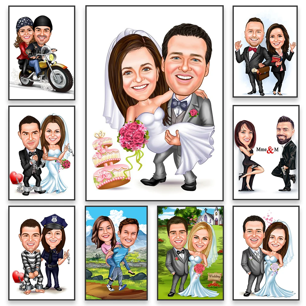 

Custom Wedding Caricatures Poster Cartoon Portrait Prints Personalize Canvas Painting Print Lovers Valentine's Day Wall Decor