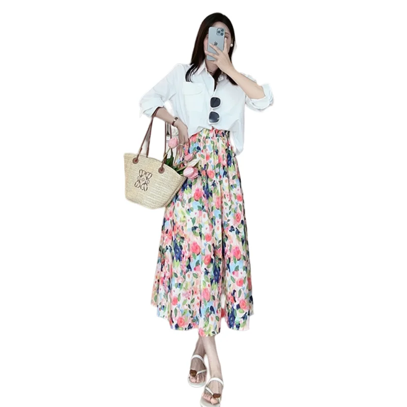 

Vintage Loose Chic Skirts Office Ladies Simple Print A-Line Long Skirt Fashion Women Elegant High Waist Skirts Vestidos M-7XL