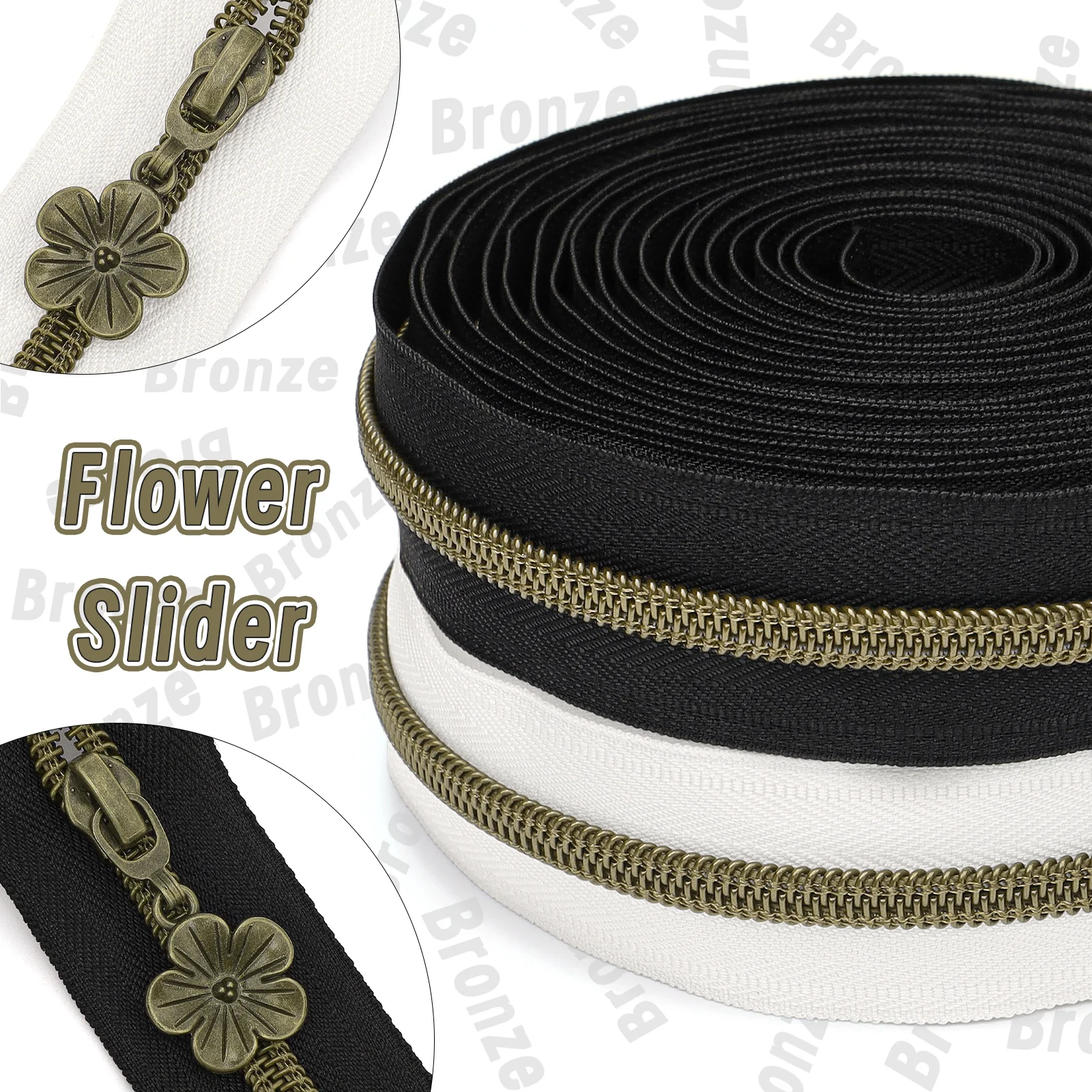 طقم واحد (450 سم سحاب + 10 رؤوس سحاب)، 5 # سحاب من النايلون ذو الأسنان النحاسية القديمة، ورقة سحاب زهر البرقوق البرونزي #1