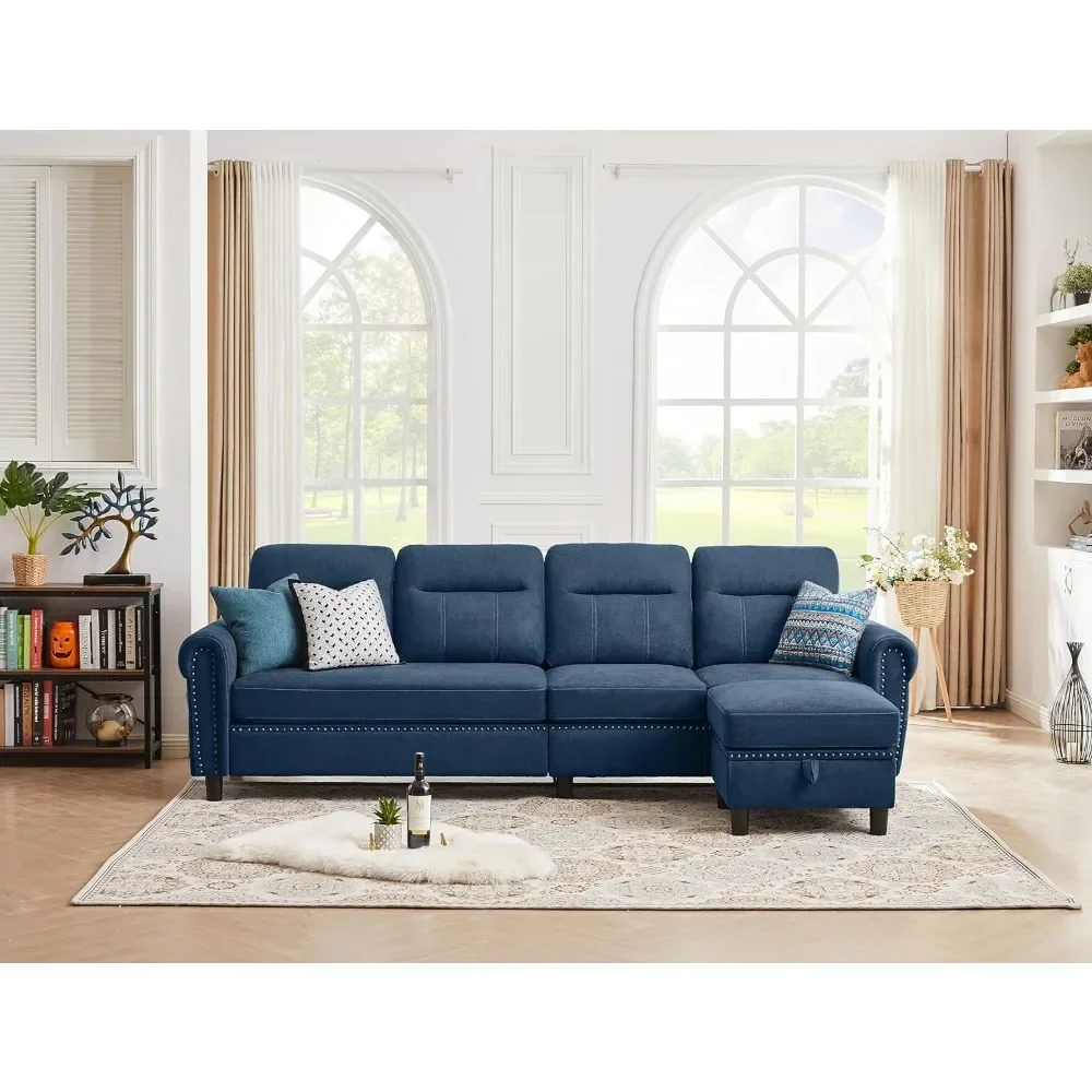 for Convertible Sectional Sofa, 4-Seat L Shaped Couch with Storage Chaise and Pocket, Modern Linen Couches