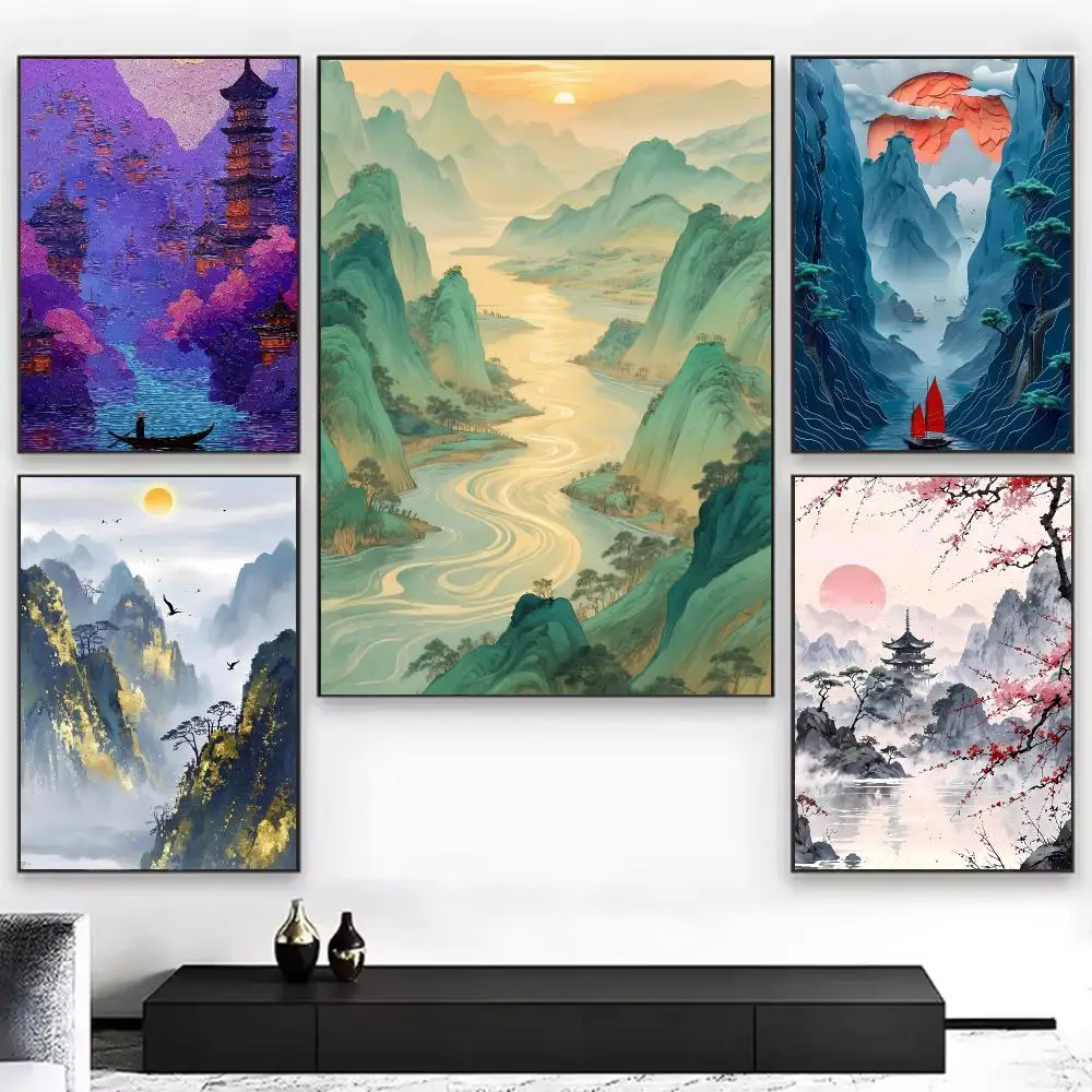 Traditional Art C-chinese Landscape Ink Painting Art Poster Chic Aesthetic Self-Stick Wall Poster Bedroom & Dorm Room Decor