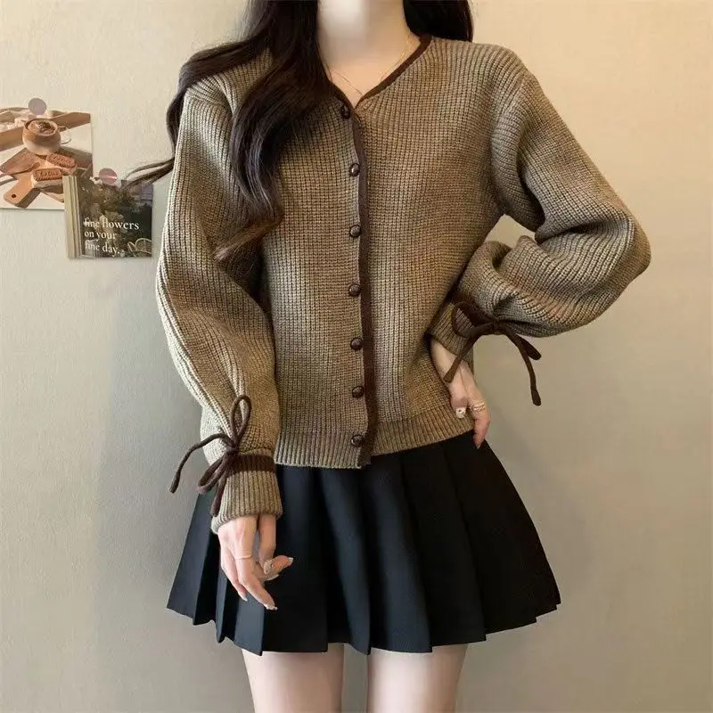 سترة صوفية محبوكة فضفاضة للتخسيس للربيع والخريف للنساء، سترة برقبة على شكل حرف V، بلوزة عصرية للنساء #2