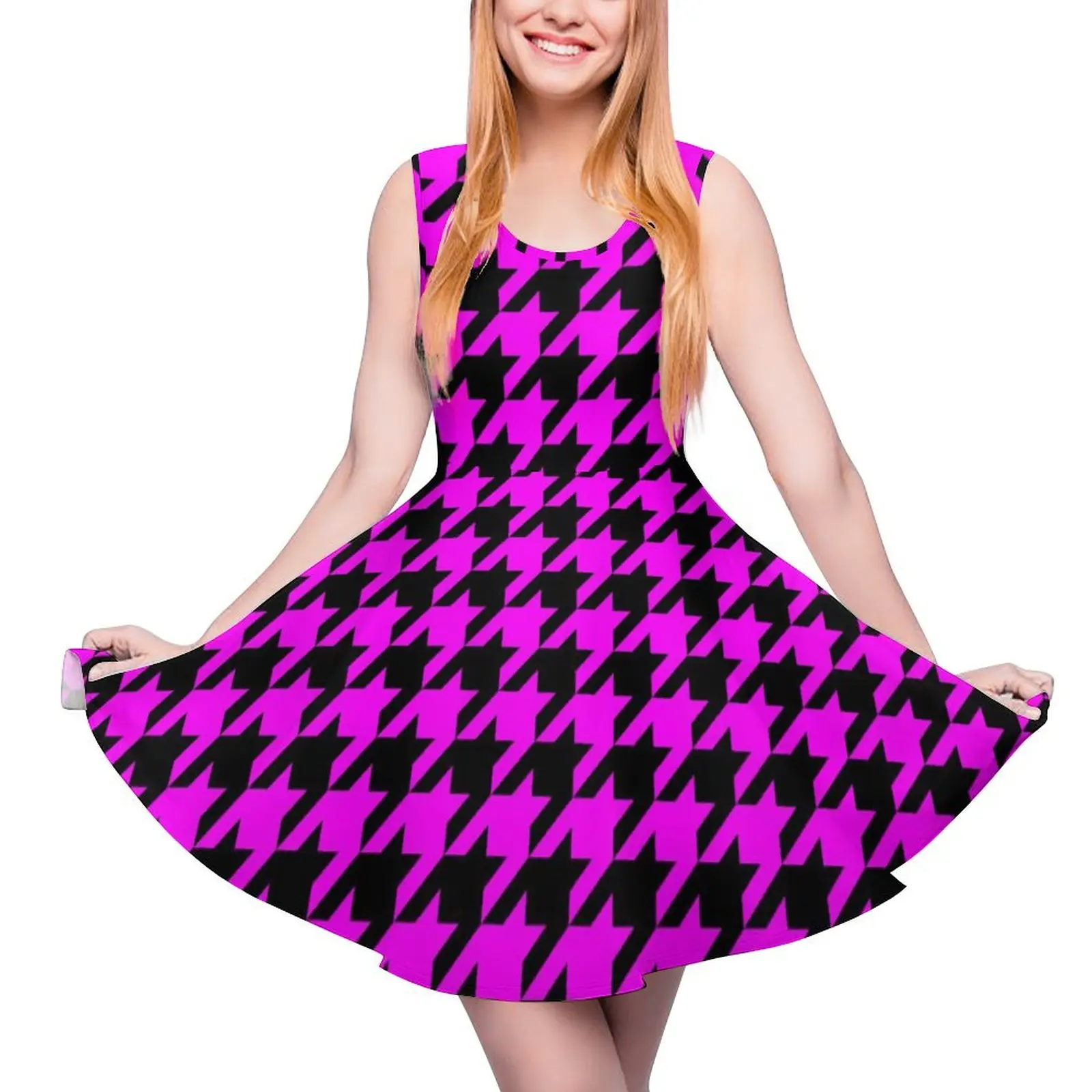 

Retro Houndstooth Dress Purple And Black Beach Dresses High Waist Aesthetic Design Skate Dress Summer Oversize Clothes