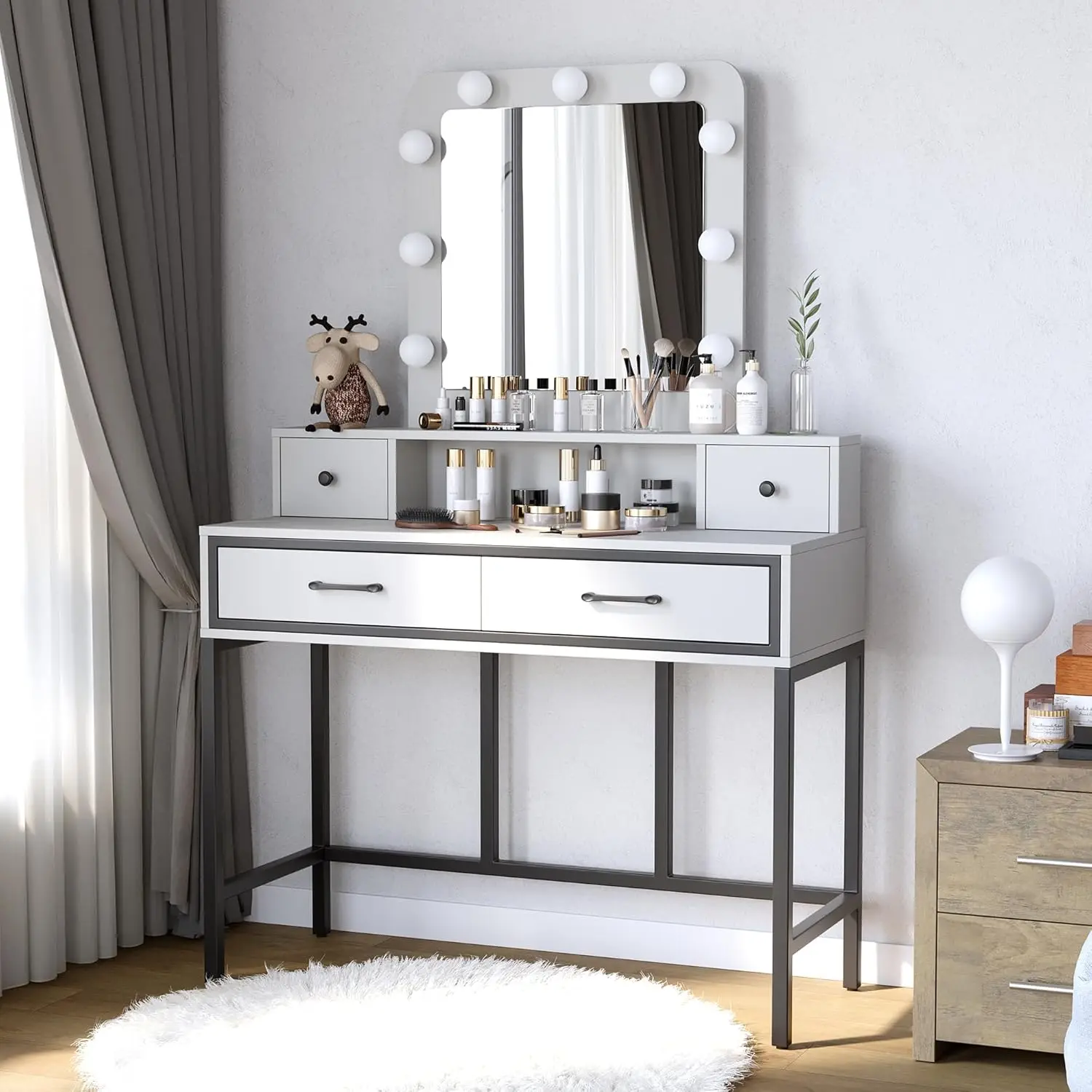 

Makeup Vanity Desk with 3 Color Dimmable Lighted Hollywood Mirror, White Vanity with 4 Drawers, Large Dressing