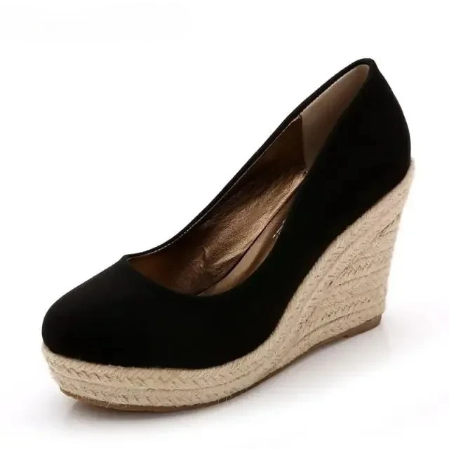 Zapatos de tacón alto de talla grande 31-42, zapatos de tacón con cuña para mujer, suela gruesa de gamuza, zapatos de boda rojos, zapatos de tacón con plataforma alpargata