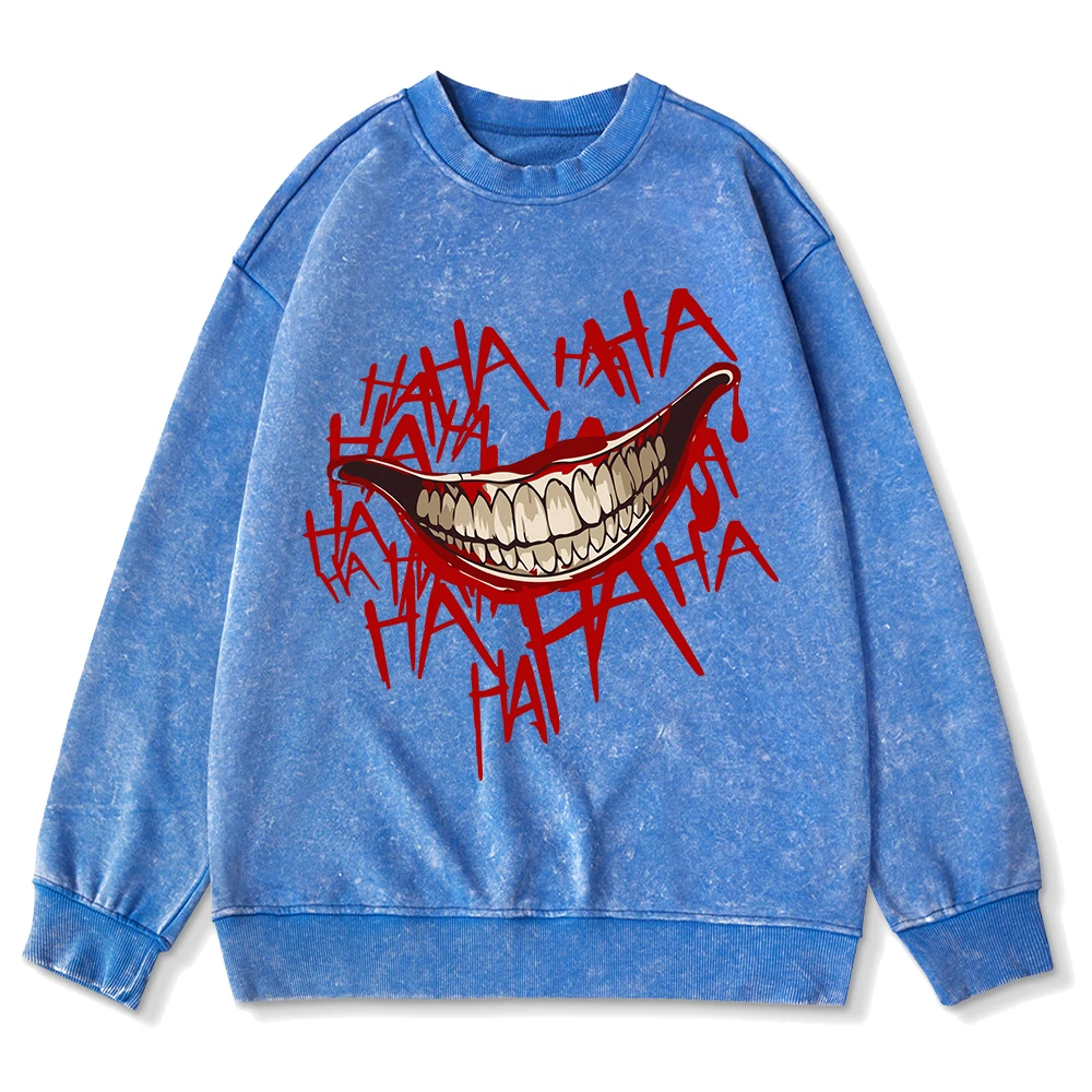 Autumn Men Woman Acid Wash Hoodie Evil Clown Smile Prints Sweatshirt Oversize Crewneck Cotton Pullover Couple Washed Streetwear