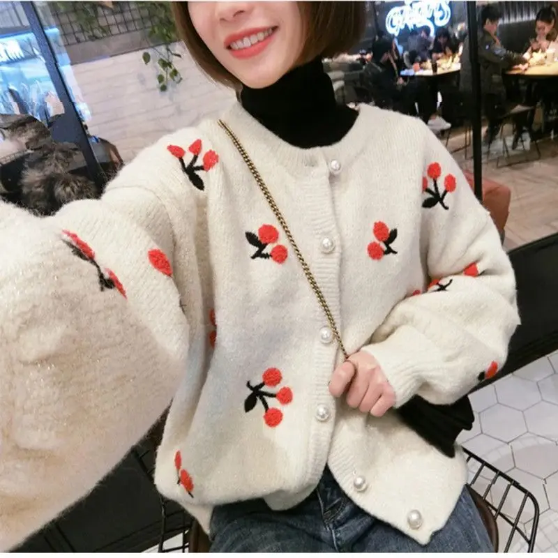 Spring Autumn Womens Cherry Pattern Short Knitted Cardigan Sweater Coat