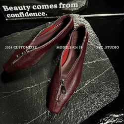 Women Mules Sheepskinv Front Zippers Flat Shoes Genuine Leather Lady Mules Spring Autumn Women Fashhion Flats Square Toe Flats