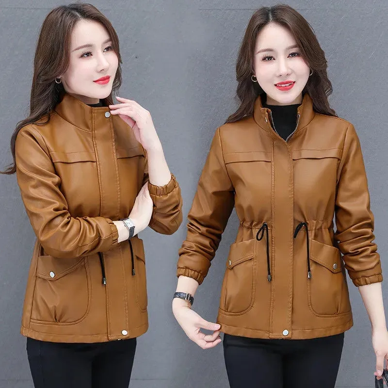 Women\'s PU Leather Jacket New Autumn Stand Collar Leather Coat Female Mid-length Faux Leather Coat Casual Leather Windbreaker