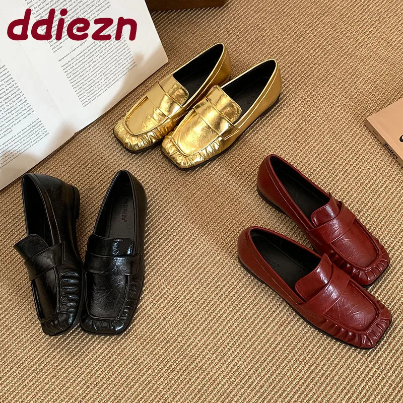 

Женская золотистая модная обувь на плоской подошве, лоферы для женщин, мягкие повседневные женские туфли без шнуровки с квадратным носком
