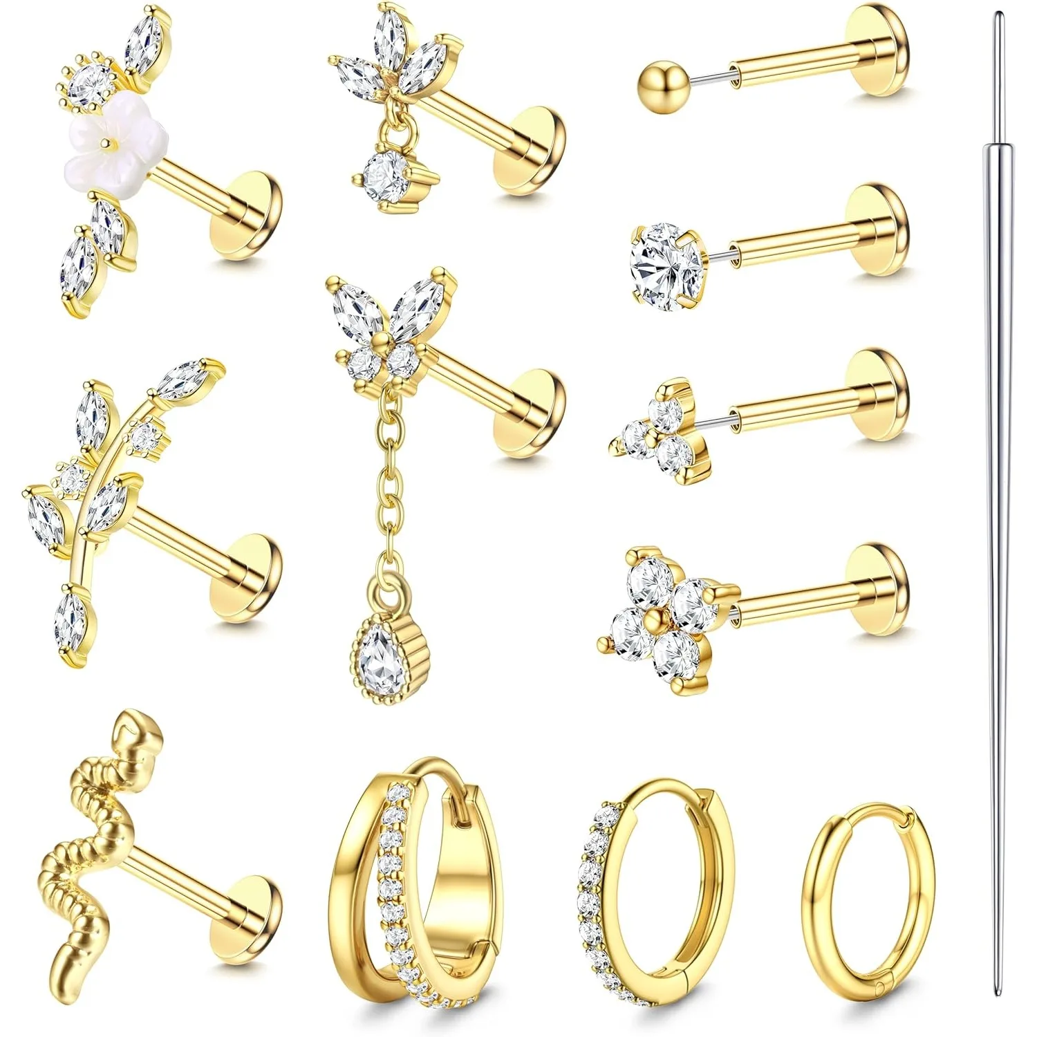 Florideco Gewindelose Flache Ohrstecker 14K Vergoldet 316L Chirurgenstahl Ohrstecker Creolen Knorpel Helix Piercing Schmuck