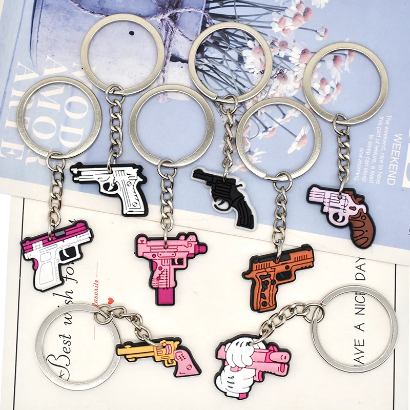 1PCS PVC Keychain Hand Guns Revolver Key Rings Hand Guns Revolver Key Holders Fit Adult Car Keys Gift Trinkets