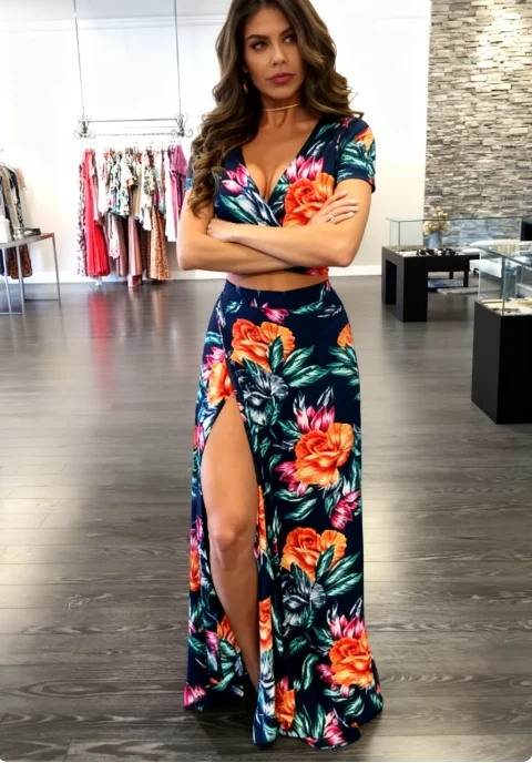 Damskie seksowne komplety 2-częściowe na lato, plażowe, w stylu boho, z kwiatowym wzorem, sukienka z dekoltem w serek, krótkie topy i spódnice maxi z wysokim rozcięciem.