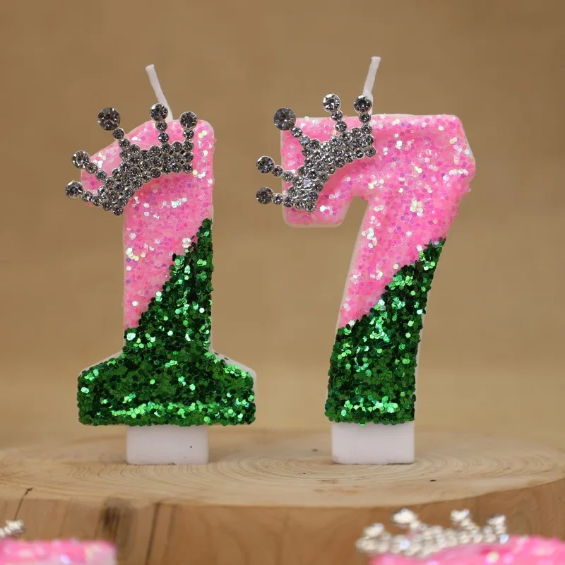 Sparkling Light Green Princess Crown Birthday Number Candle - Cake Decor for Wedding Anniversary Graduation Adult Party