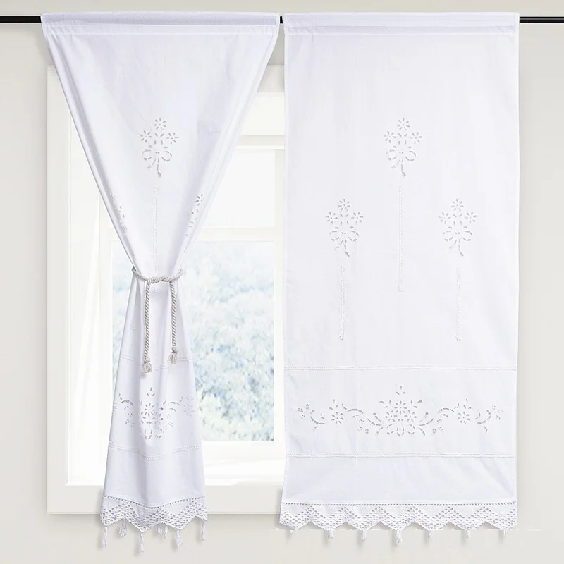 100% Cotton Solid White Blackout Curtains with Lace Band Hand Crochet Hollow Out Window Drapes Rod Pocket Kitchen Short Blinds