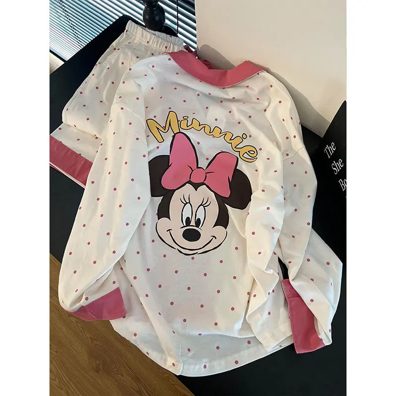 Pink Minnie Mouse Pajamas Girls Kawai Pink Polka Point Home Clothes Set Long Sleeves Sleepwear Casual Loungewear Nightgown