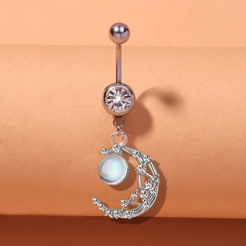 1PCS Zircon Heart Moon Dangle Belly Button Rings Stainless Steel Navel Barbell Ring Body Jewelry Piercing For Women Girl image 2