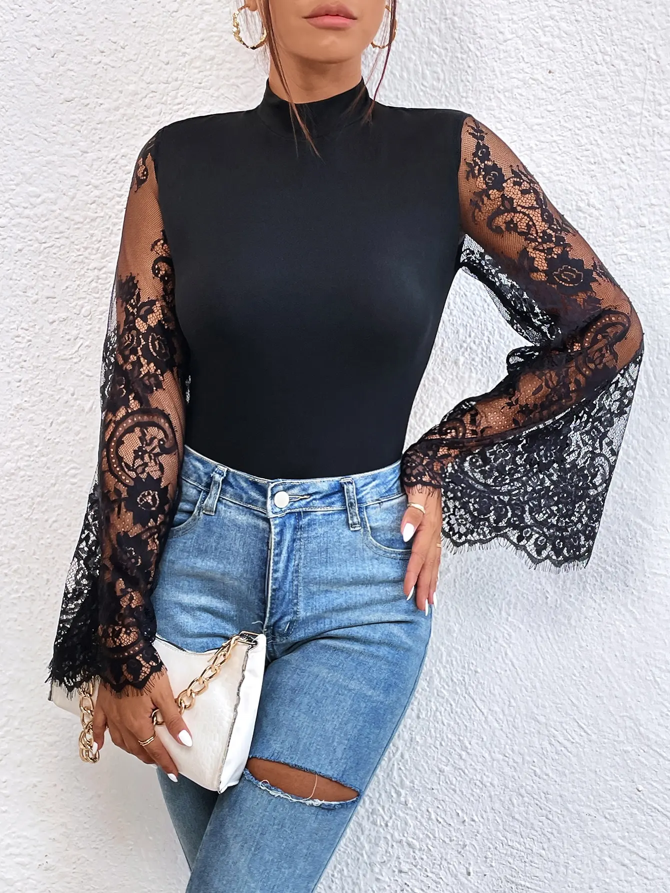 New Summer Cloths Women's Black Lace Patchwork Long Sleeved Flared Sleeve Round Neck Tight Sexy Jumpsuit Rompers