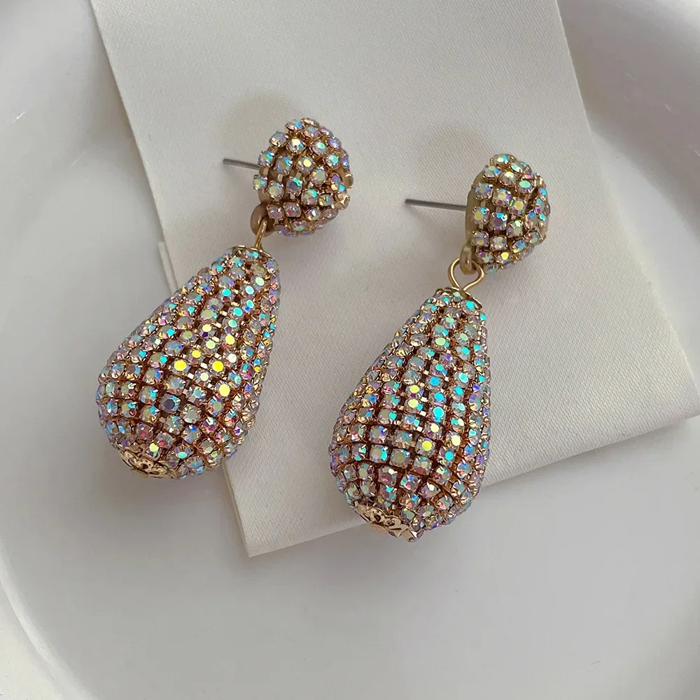 Minar INS Hot AB Color Full Rhinestones Water Drop Dangle Earrings for Women Gold Plated Alloy Long Hanging Earring Oorbellen