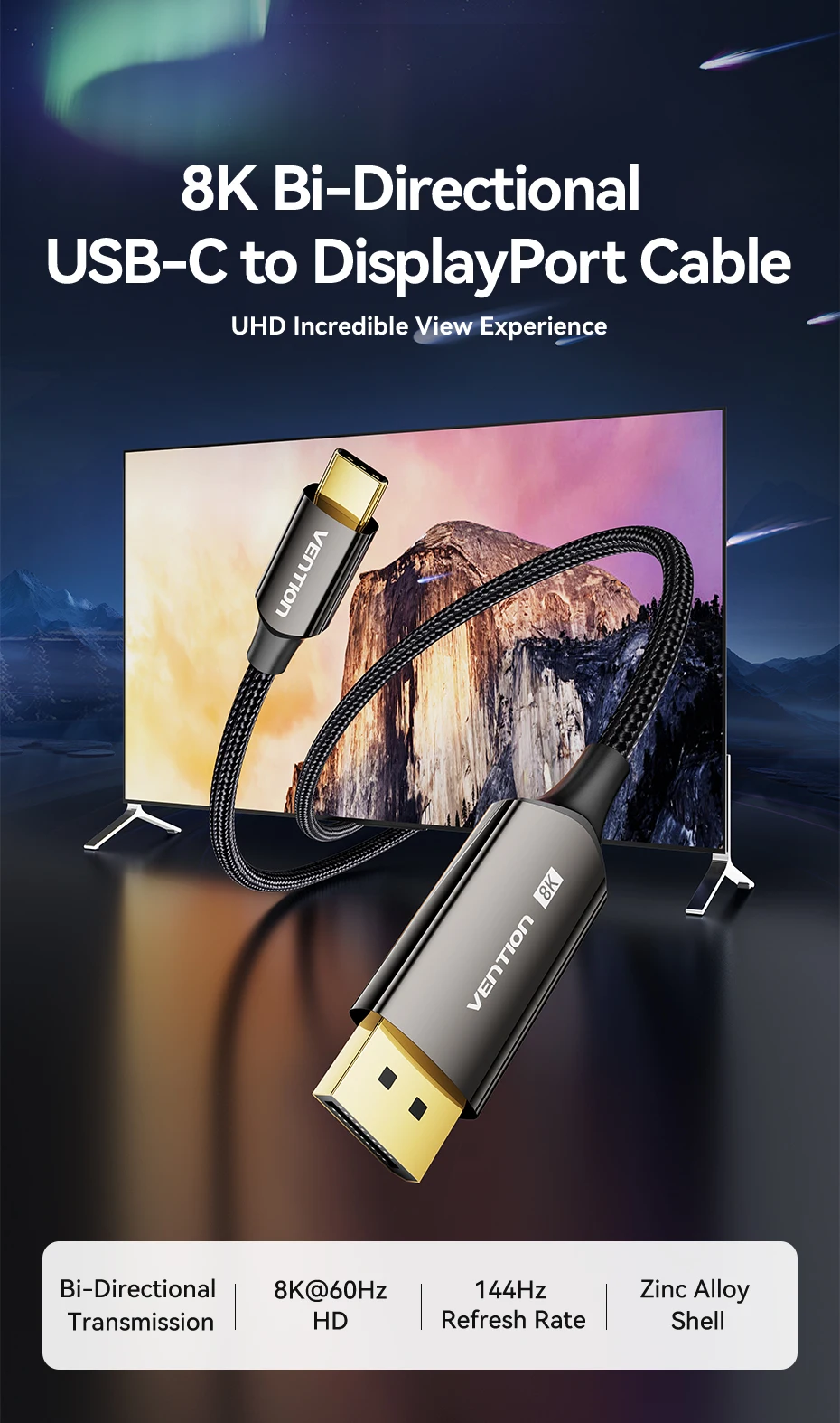 Vention USB C auf DP Kabel USB Typ C auf 8K 60Hz DisplayPort Bi-Directionalkabel für iPhone Tablet PC Monitor HDCP HDR DP Kabel – Detail 1