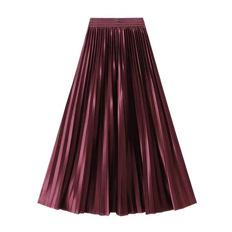 2026 European American Multi-Color Metallic Shiny Long Skirt, High Waist Loose Pleated Maxi Skirt 1 Meter Length Wholesale Avail