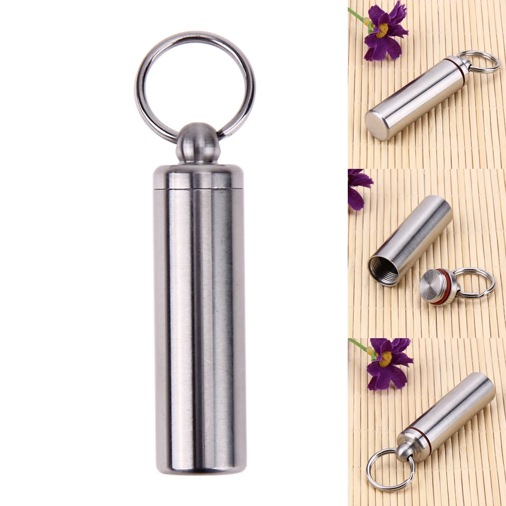 

Stainless Steel Medicine Vitamin Holder Case with Keychain Medicine Storage Box Portable for Outdoor Camping Survival