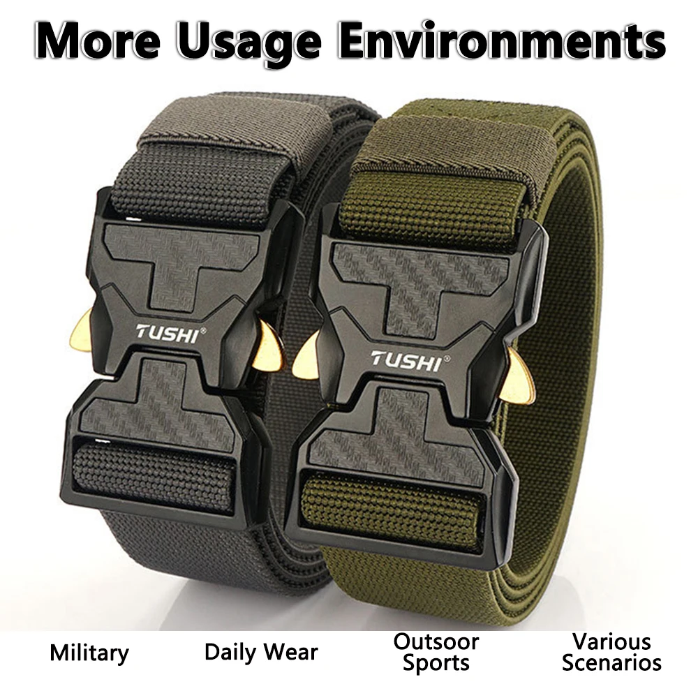 TUSHI New Unisex Elastic Belt Hard Metal Buckle Quick Release Tough Stretch Nylon Men's Military Tactical Belt Casual Waistband