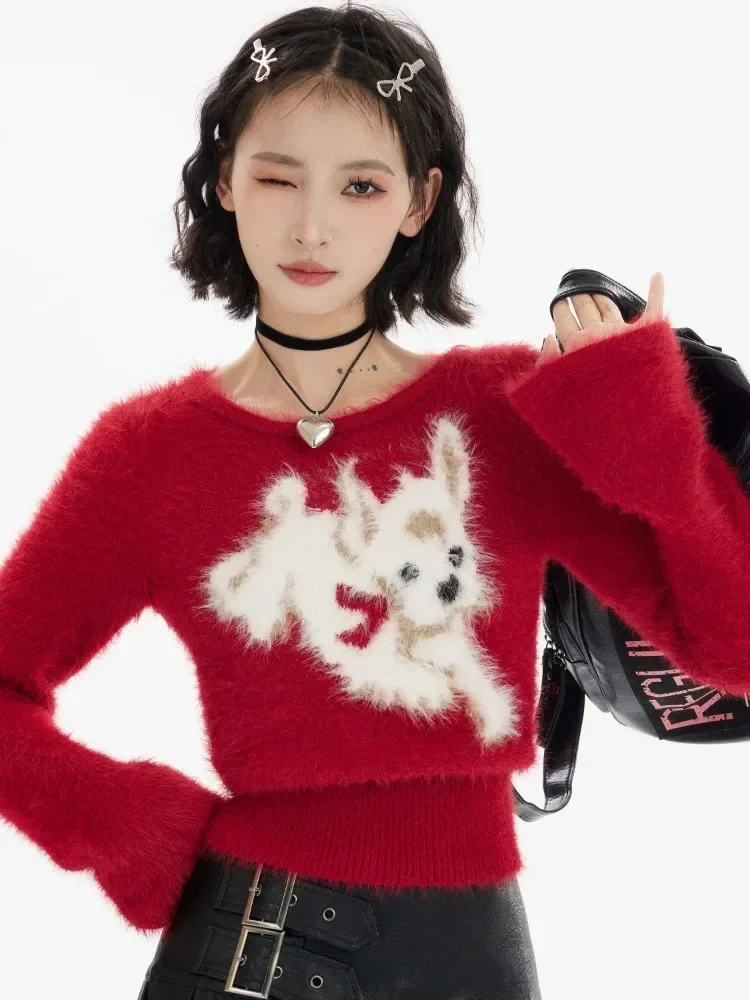 High Quality Furry Warm Winter Jumper Christmas Full Sleeve Slim Girls Sweater Red Cute Puppy Jacquard Knitwear Korean Fashion