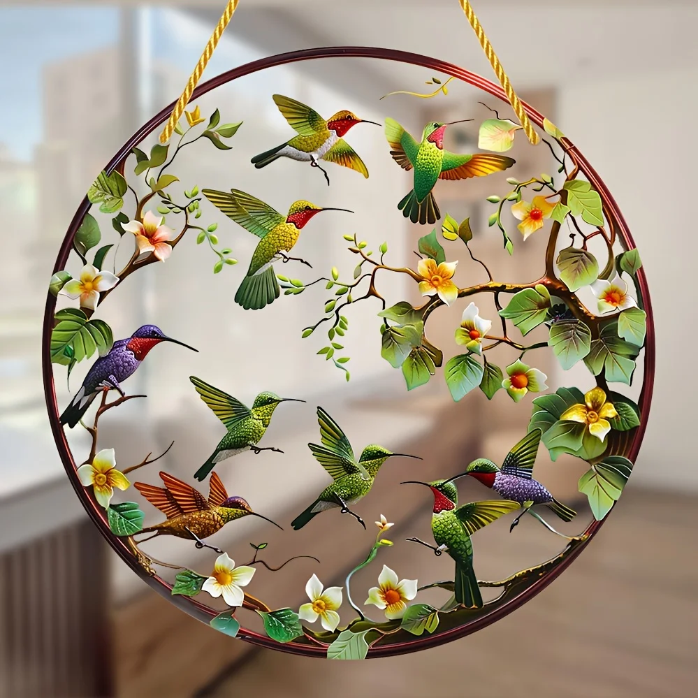 Hummingbird Sun Catcher-Round Acrylic Window Hanging With Garland Accents,Colorful Wall Art For Home&Room,Perfect Gift Idea