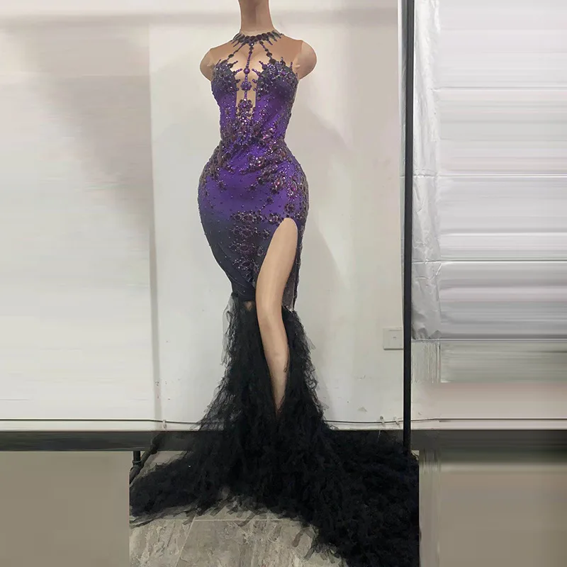 

Diamond Birthday Clothing Temperament Purple Charm Crystal Sexy Split Tulle Fringe Trailing Dress Biography Ballkleid Luxuskleid