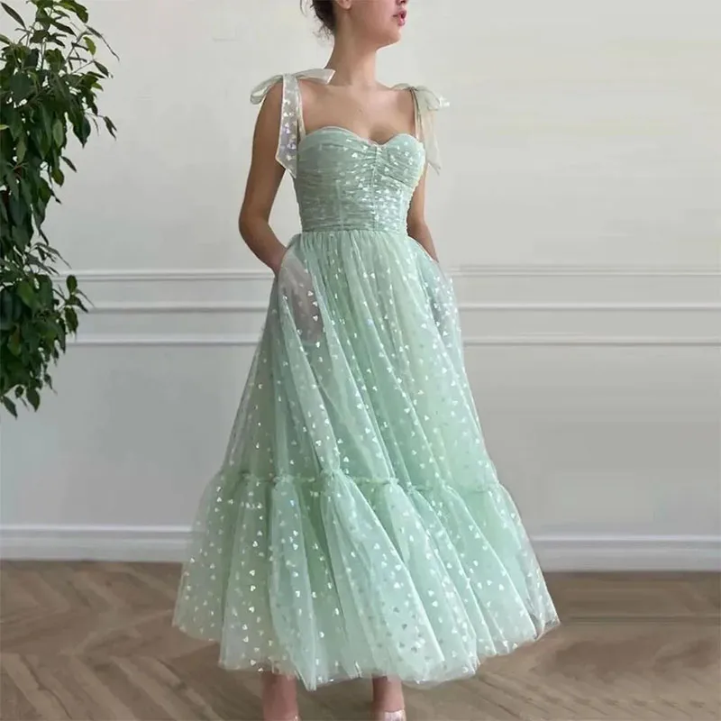 

2024 Elegant Mint Green Prom Dresses Tied Bow Straps Sweetheart Midi Prom Gowns Sleeveless Ankle-Length Evening Party Dress