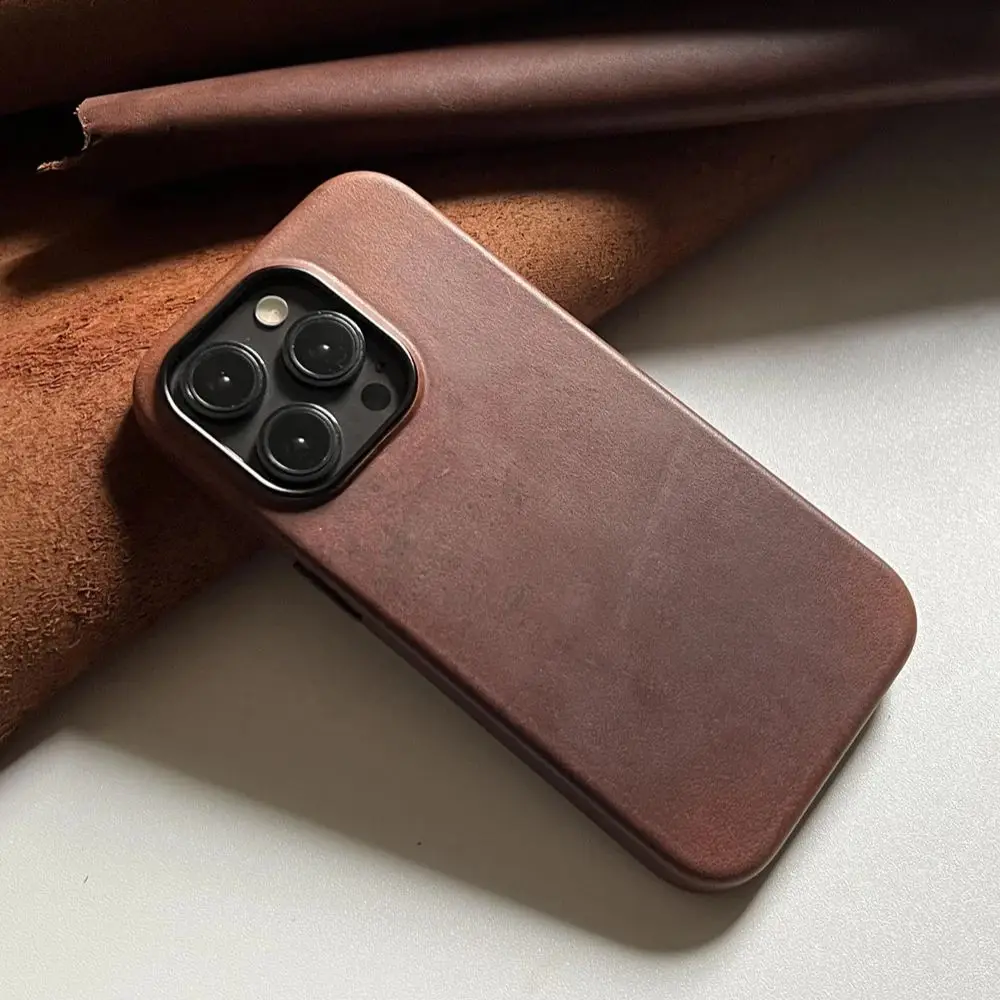 

USA SBF Genuine Leather Case for iPhone 14 15 Pro Max Oil-tanned Cowhide Retro Phone Cover
