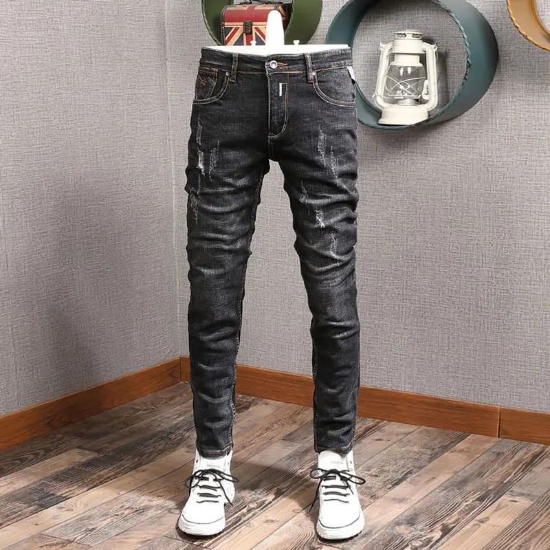 Fashion Designer Men Jeans Retro Black Gray Elastic Stretch Slim Ripped Jeans Men Distressed Hole Trousers Vintage Denim Pants