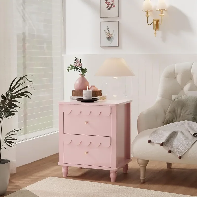 European Style Pink Lace Wavy Bedside Table with Two Drawers Pine Wood Legs Customizable Bedroom Nightstand Factory Wholesale