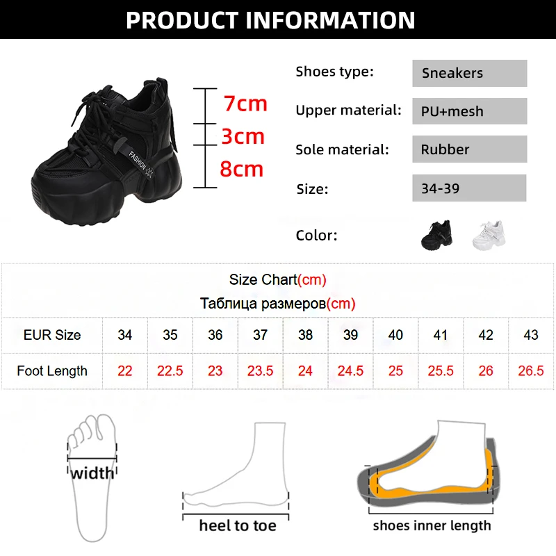 Fashion Black Chunky Sneakers for Women 2023 Spring Hidden Heels Platform Sports Shoes Woman Thick Sole Breathable Casual Shoes