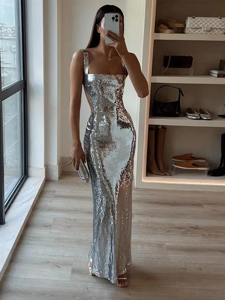 

Sexy Bal Silvery Maxi Dr Women's Faionable Sling Strapl Gown All-Seasons Wear No-Brand Ele Summer Long Dr
