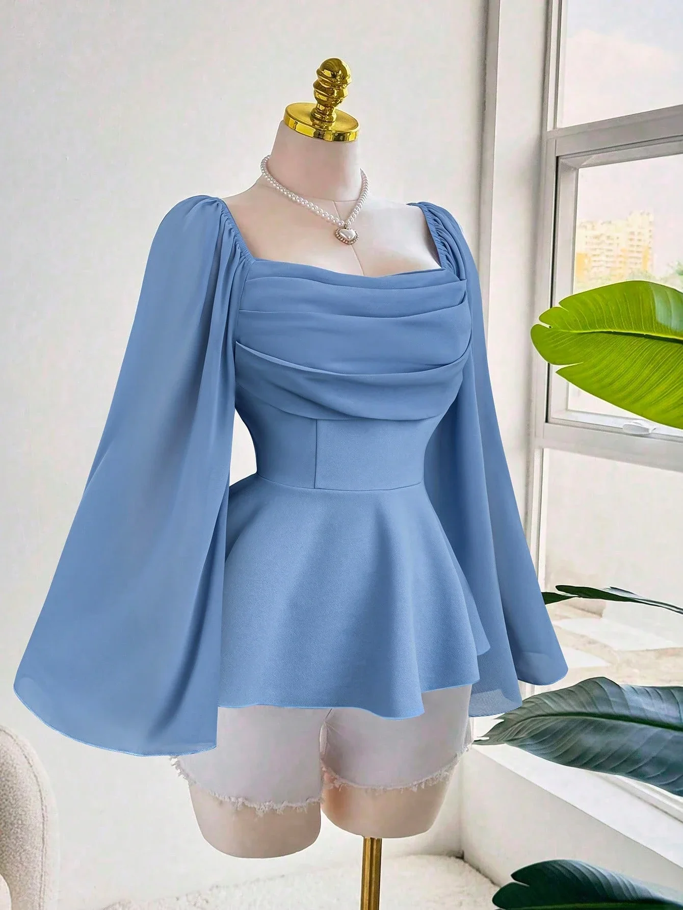 

Elegant Romantic Chiffon Flare Sleeve Peplum Blouse Square Neck Women Spring Autumn