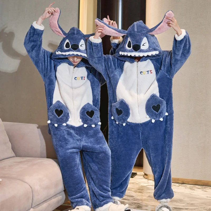 New Stitch Jumpsuit Couple Pajamas Women'S Coral Fleece Thickened Autumn And Winter Zipper Cartoon Home Clothes Warm And Comfort