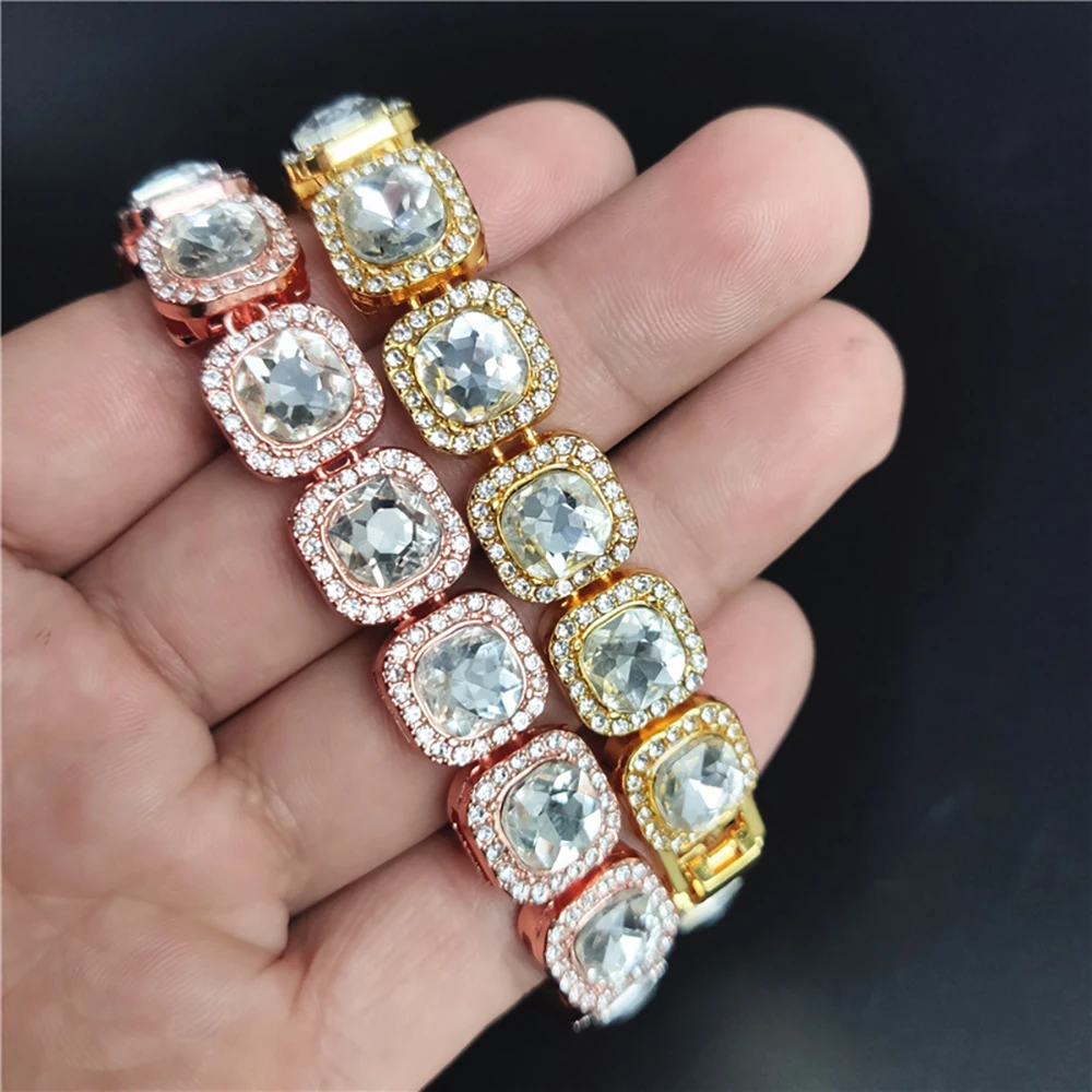 Hip Hop Full Crystal 13mm Square Tennis Chain Bracelets for Men Women Bling Rhinestone Cuban Link Chain Bracelet Luxury Jewelry