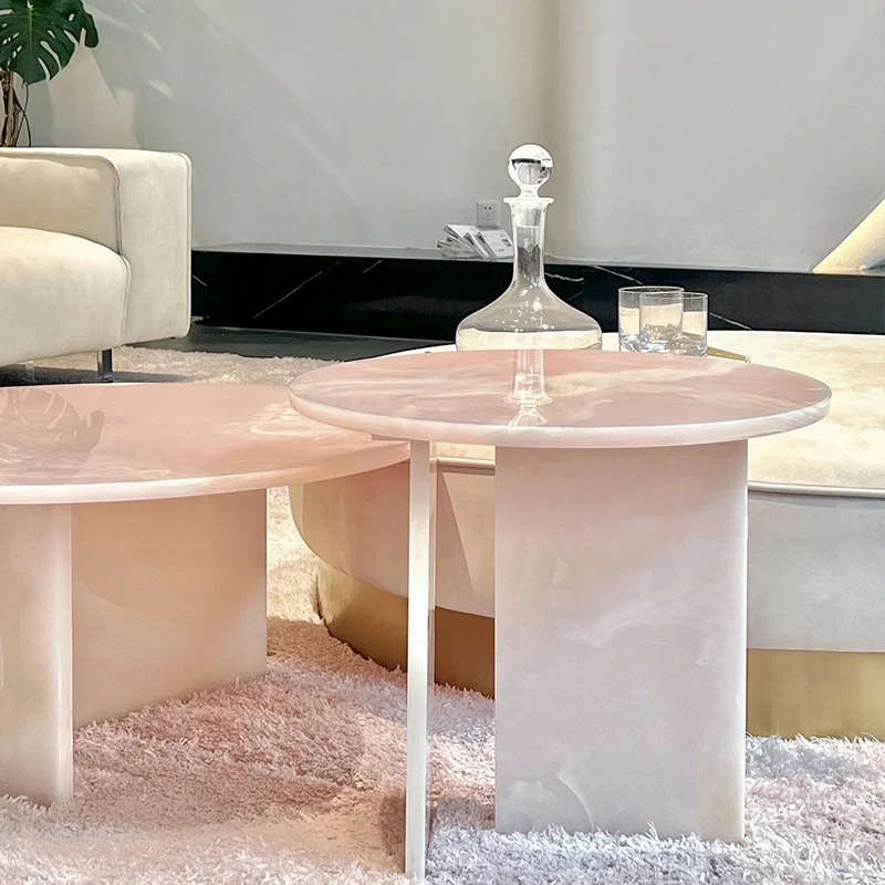 Table Basse Ronde Moderne en Marbre, Meuble d'Angle Transparent, Couleur Rose, Style Sédentaire poumons