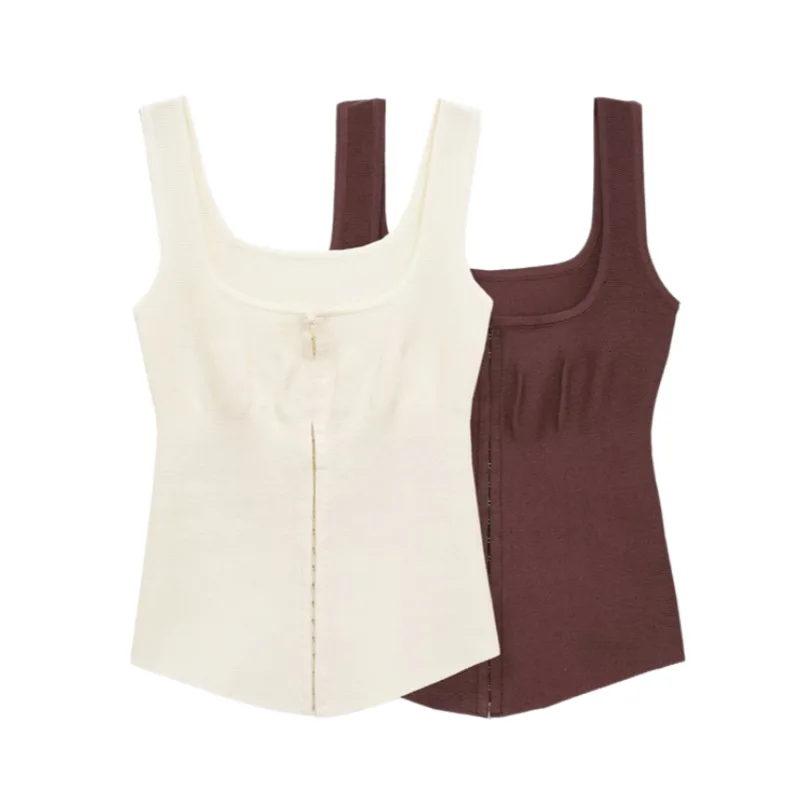 

Withered Straight Collar Waist Cinched Tight Fitting Corset Style Knitted Sweater Top