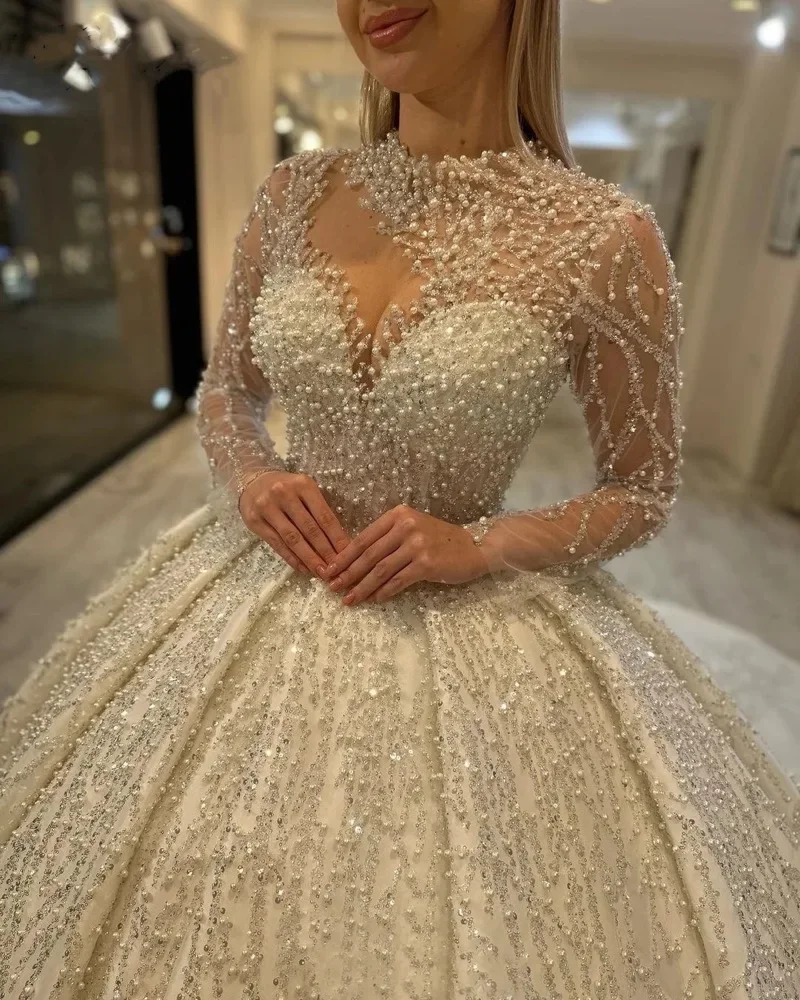 Flavinke Customized Luxurious Pearls Sequins Long Sleeves Wedding Dresses Princess Beading Bride Ball Gowns Vestidos De Novia