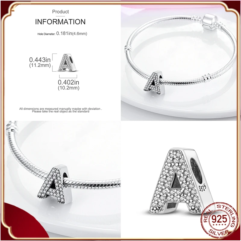 26 A-Z Alphabet Beads 925 Sterling Silver LOVE Letter Charms Fit Original Pandora Charms Bracelet Bangle CZ Zircon Beads Jewelry