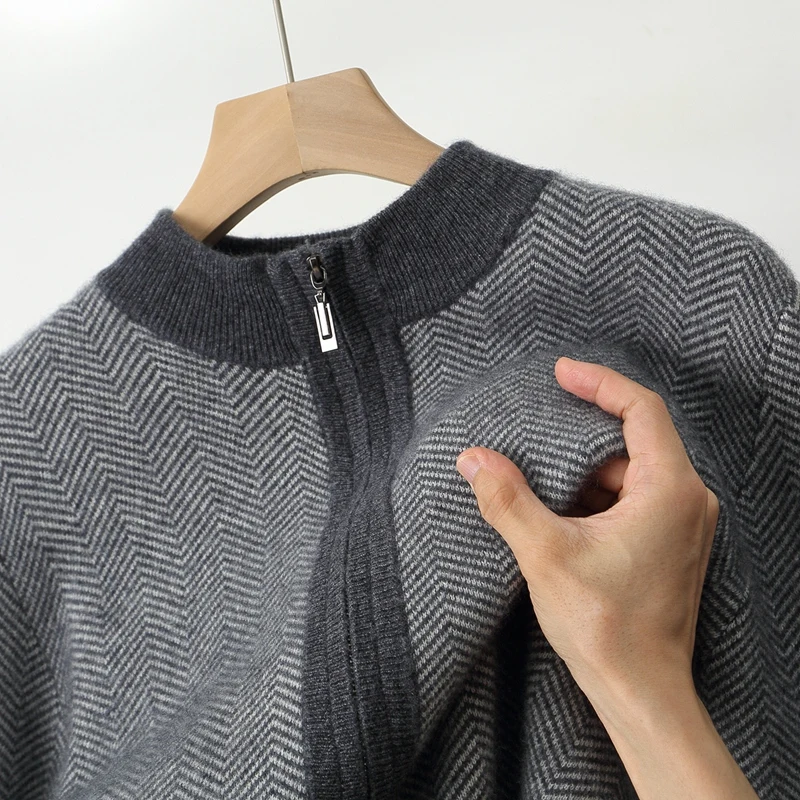 

Autumn Winter 100% Merino Wool Knitted Zipper Cardigan Men's Half High Collar Herringbone Pattern Thick Coat Casual Warm Jacket