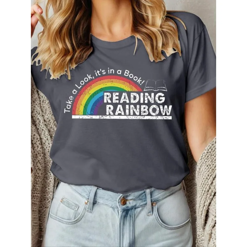 Damska koszulka plus size 1XL-5XL na lato, nowa, z tęczowym nadrukiem, krótki rękaw, okrągły dekolt, luźna koszulka damska, topy.