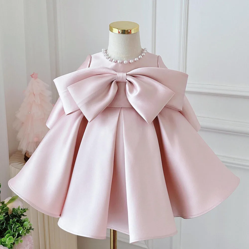 Boutique Toddlers Pearls Pink Satin Dress Bowknot Pageant Party Birthday Formal Dresses Baby Girls Wedding Flower Girl Dress